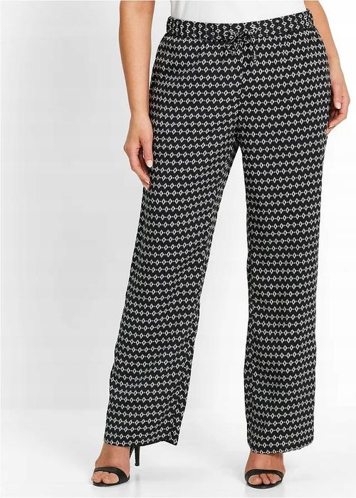 B.P.C spodnie z wiskozy z wygodnym paskiem czarne z białym nadrukiem ^