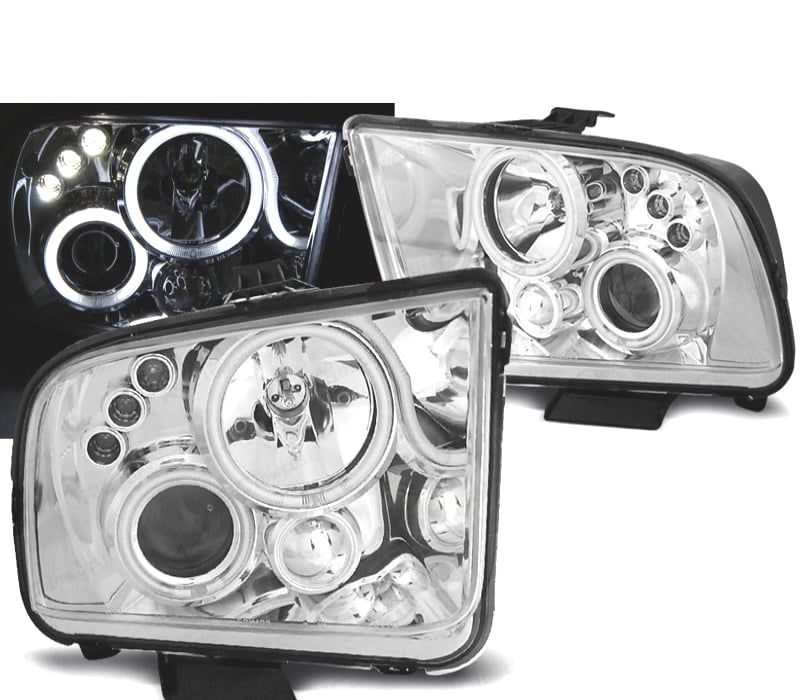 FARÓIS ANGEL EYES + LEDS FORD MUSTANG 04-09 CROMADO