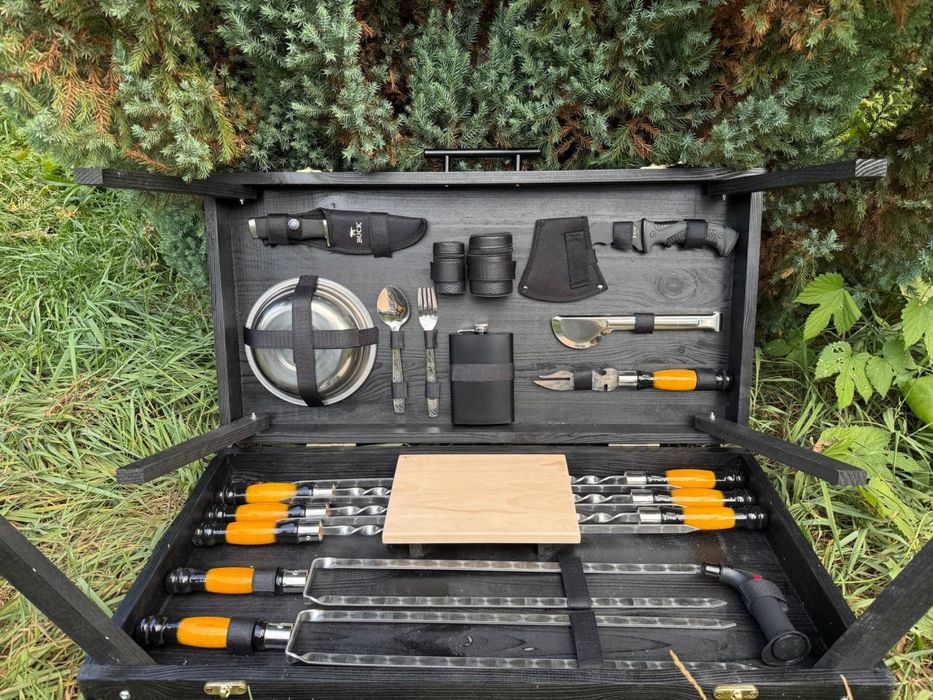 6 шампуров 3 мм в кейсе столике на подарок мужчине мужу куму