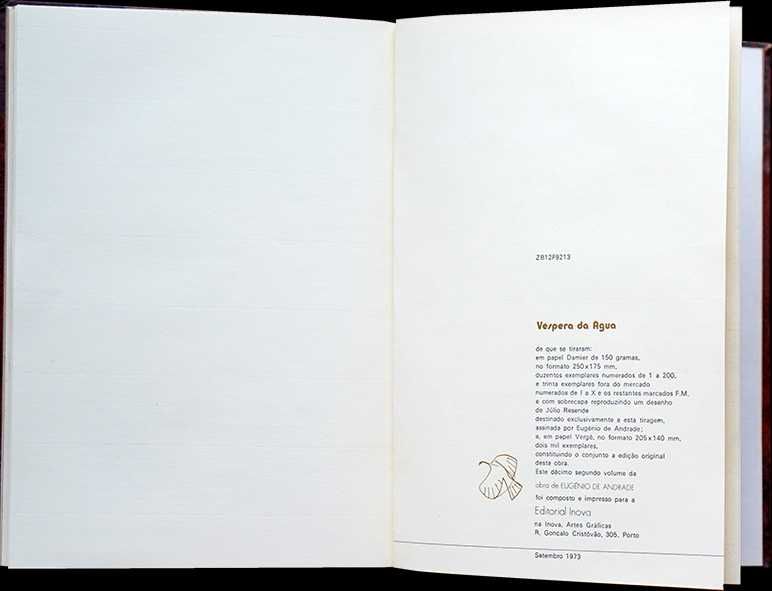 Livro Véspera da Água - Eugénio de Andrade (1ª Ed. 1973) C/ DEDICATÓRIA