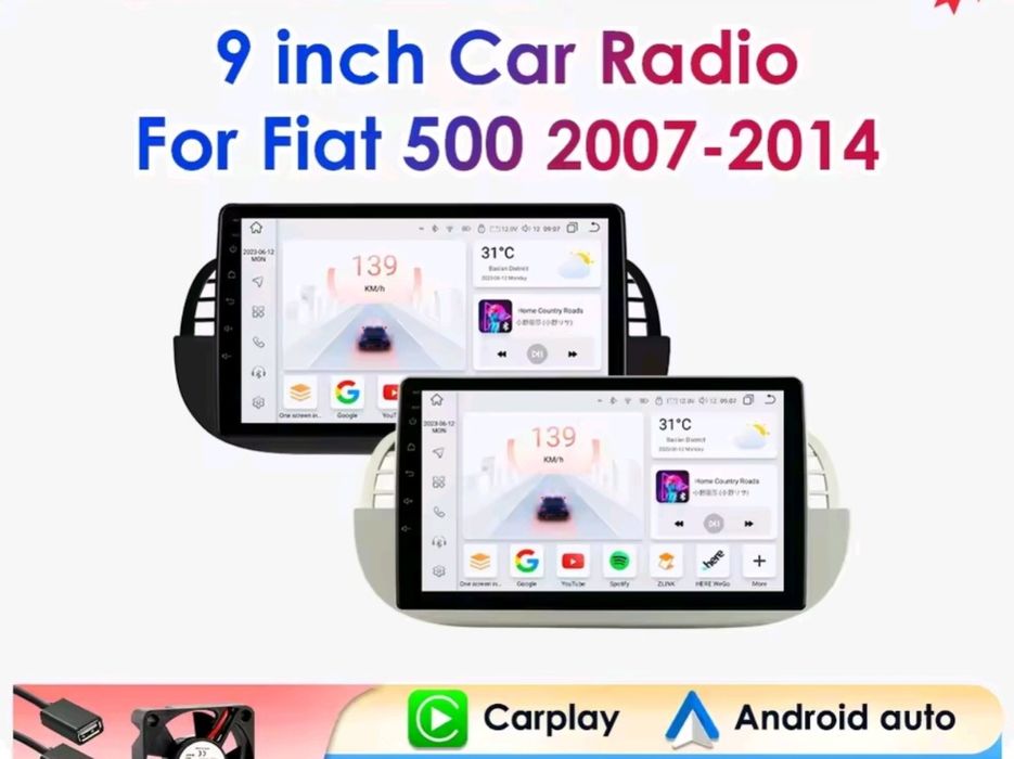 Rádio 9" android Fiat 500 CARPLAY WIFI GPS 2/32GB Novo