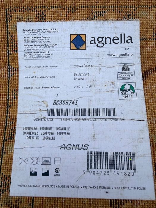 Dywan agnella agnus rejent 100% wełna woolmark burgund 2mx3m