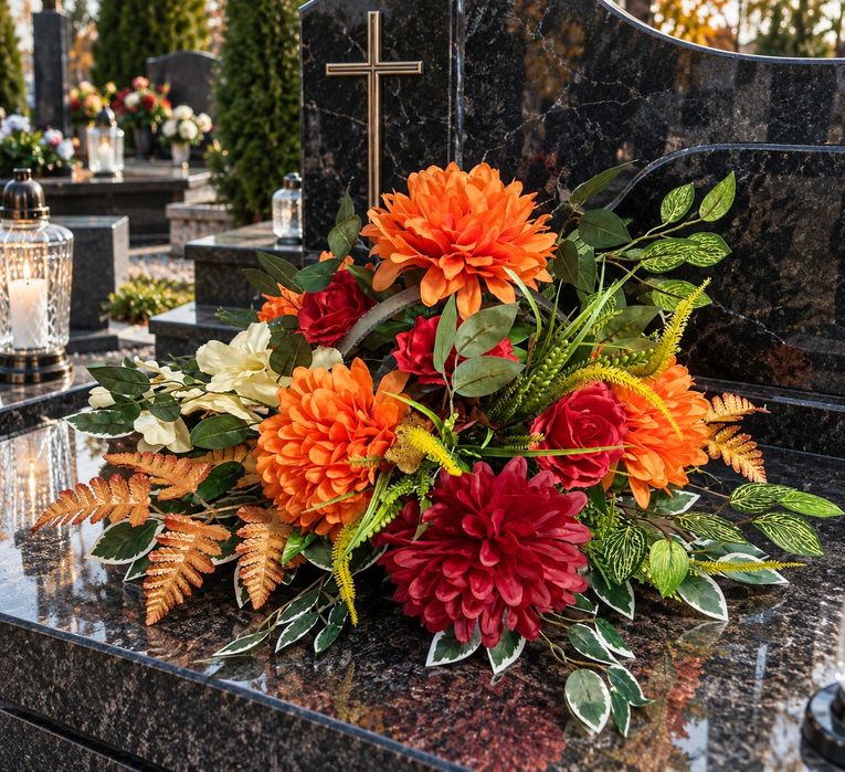 Wiązanka kompozycja kwiatowa funeralna nowa komplet z bukietem
