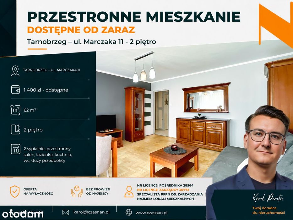 BEZ PROWIZJI OD NAJEMCY - 3 pokoje - 62m - 2 piętro - ul. Marczaka