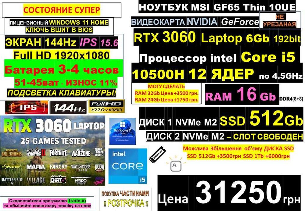 150+ Ноутбуків в ОДЕСІℹ️TOP MSI‼️RTX3060 6Gb‼️Core i5 12ядер/SSD 512Gb/RAM 16-32Gbℹ️ Traid-in‼️Розтрочка