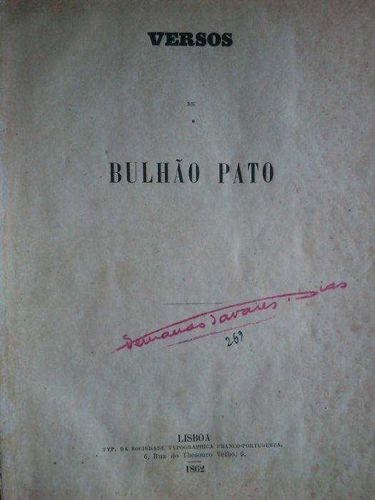 Versos, Bulhão Pato 1ª edição 1862 Soc. Typographica Franco-Portugueza