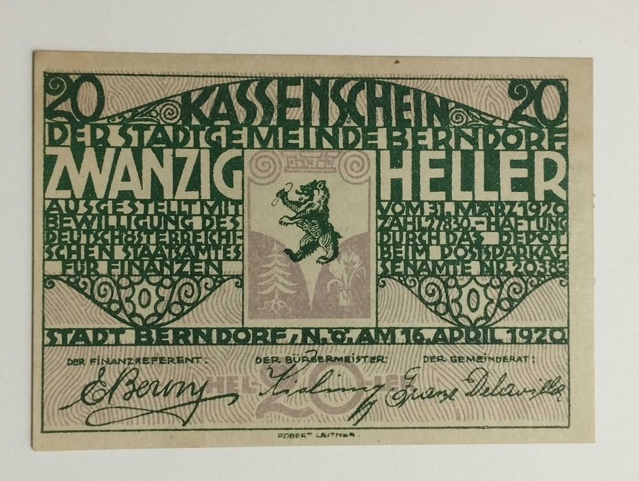 Banknot Austria Notgeld 20 Heller 1920r. Miasto Berndorf - super  stan