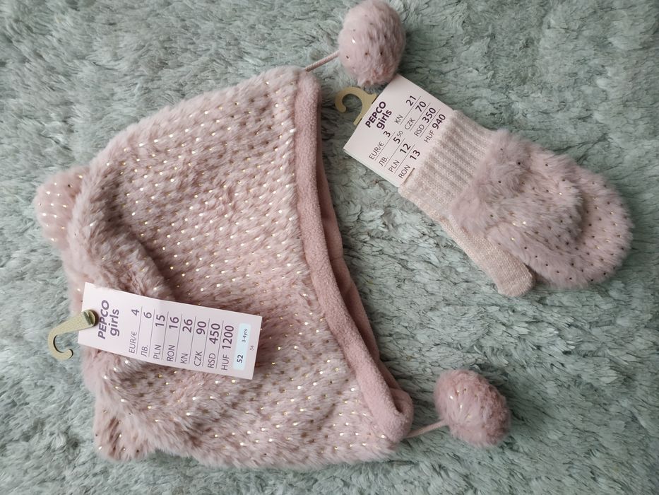 Nowy komplet/czapka/rękawiczki/różowy/złote kropki/prezent/Pepco/r.52