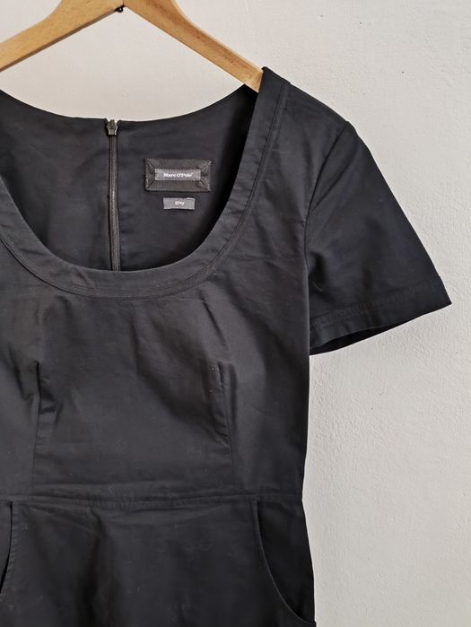 Marc O'Polo XS 34 E36 sukienka midi premium czarna krótki rękaw kieszenie bawełna basic