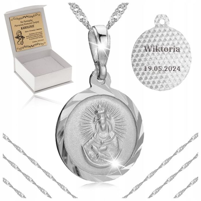 Srebrny Łańcuszek + Medalik Matka Boska Pr 925 Prezent Komunia Bierzmo