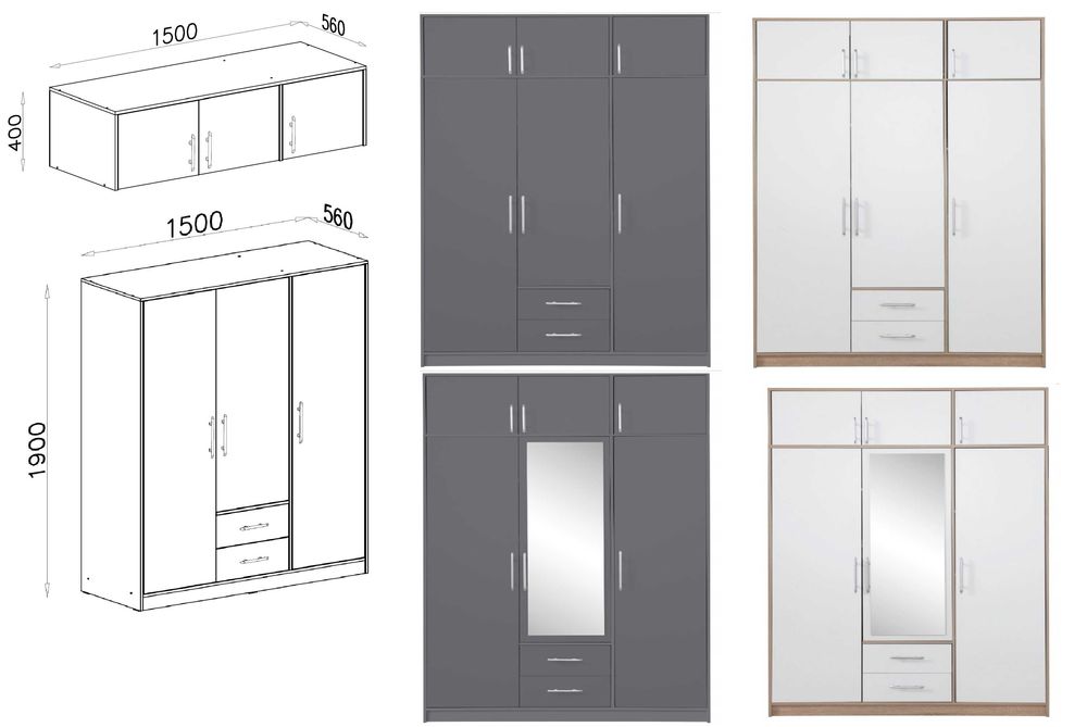 szafa wysoka trzydrzwiowa 150cm pokoju salonu garderoby 4 kolory szara