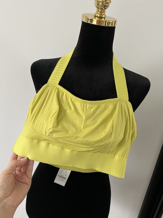 Żółta, krótka bluzka, crop top, biustonosz, stanik, prążki, Etam, L