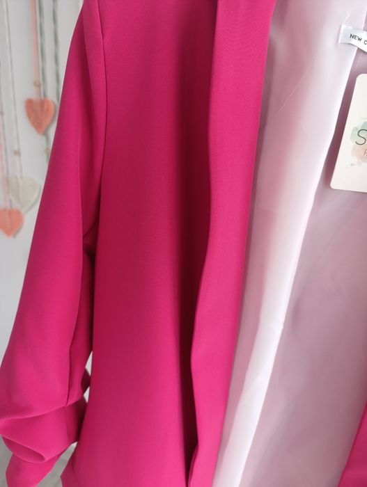 Marynarka żakiet elegancki dłuższy uni S M 36 38 różowy fuksja święta