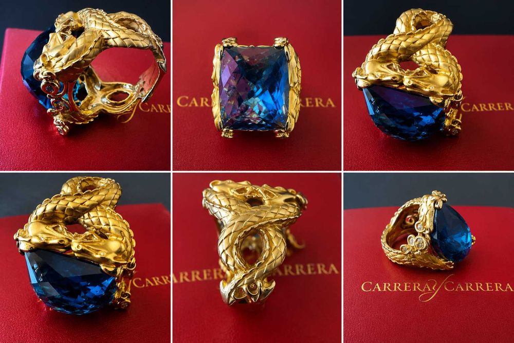Коллекционный комплект Carrera y Carrera: кольцо с London Blue Topaz и серьги с бриллиантами. Оригинал.