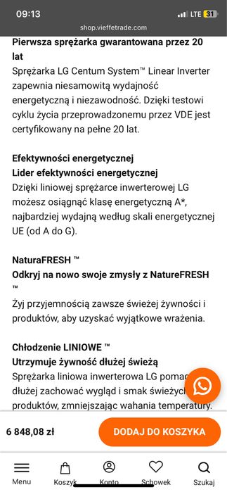 Nowa lodówka chłodziarko-zamkrażarka LG duża 2m
