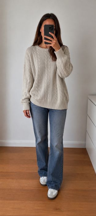 Bawełniany sweter splot knotted jumper ecru kremowy beige XL cotton