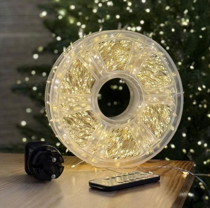 Гірлянда Мішура 50 метрів. 1500 ламп. Тепле світло,  білий провід.