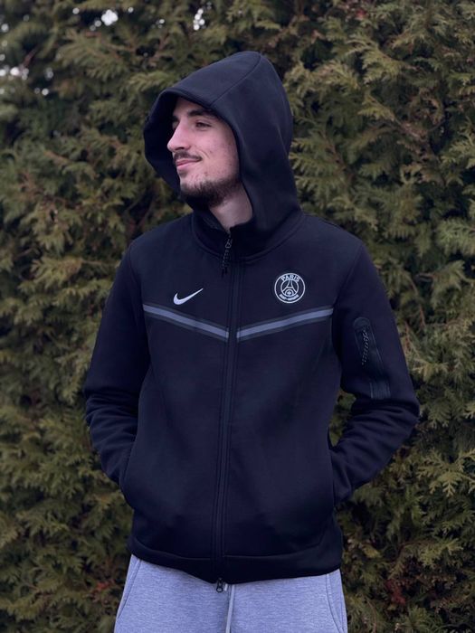 Зіп-худі Nike Tech Fleece PSG чорна чоловіча зіпка Найк Теч Флис | Кофта Найк Теч флис черная мужская спортивная зипка Nike Tech Fleece X PSG серая
