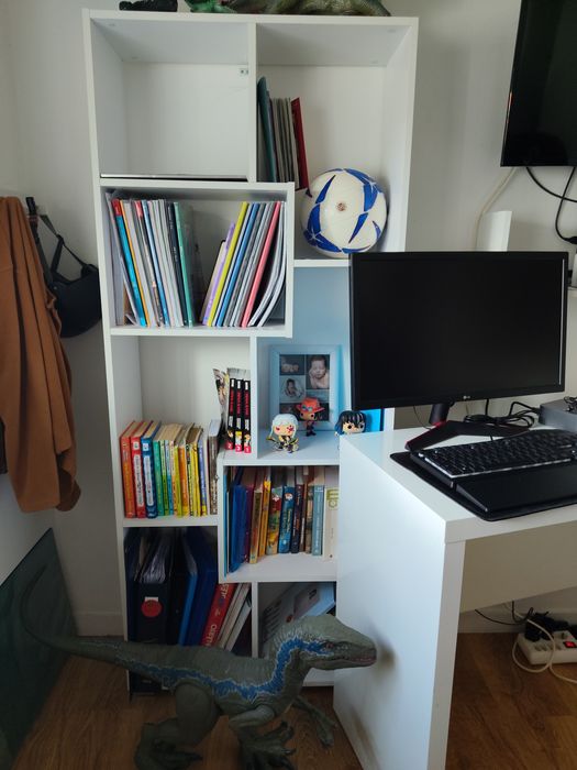 Conjunto secretária, cadeira e estante