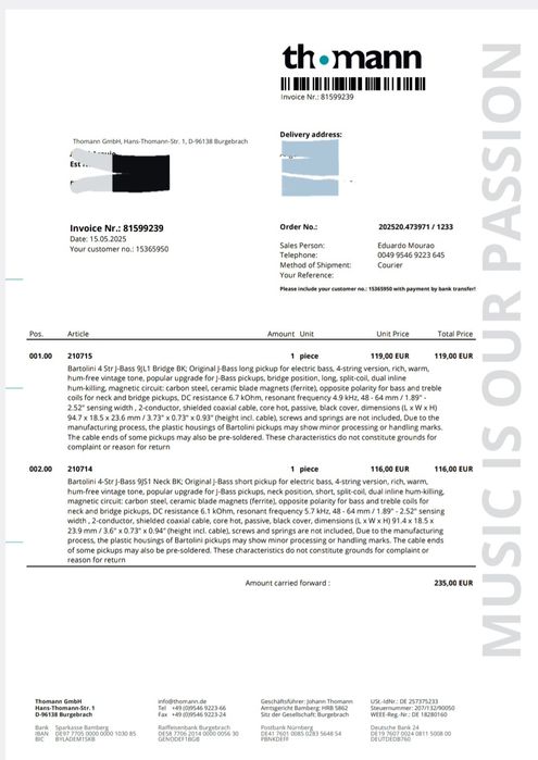 Pick ups de baixo 4 cordas Bartolini