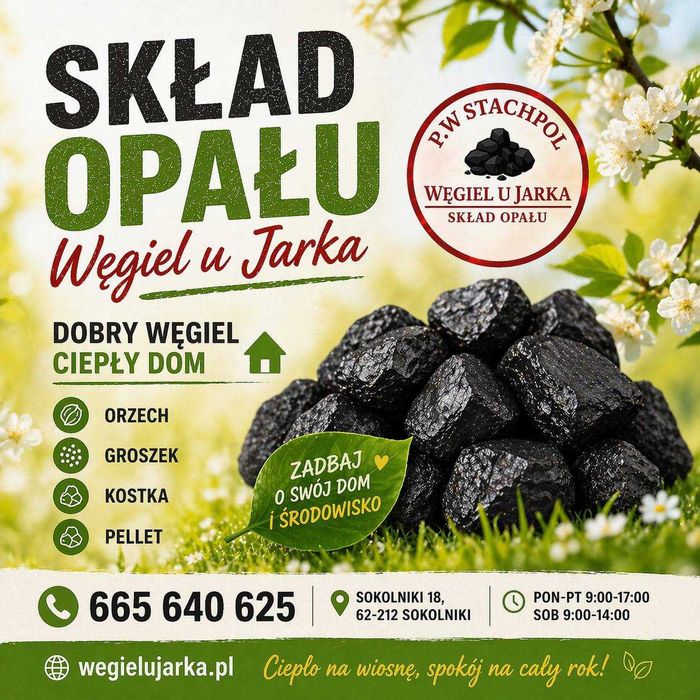 Skład opału. Węgiel Polski Kostka Groszek Komir Orzech Pellet Drewno