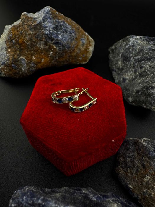 Złote Kolczyki z Granatowymi Cyrkoniami | JAK NOWE | 585 | 1.04G