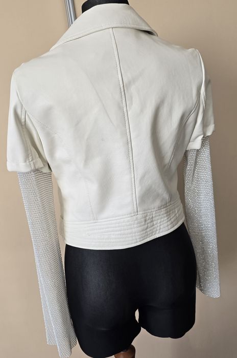 Damska kurtka ramoneska eko skóra ecru  siateczkowe rękawy S/M