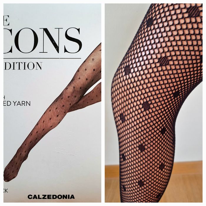 Rajstopy Calzedonia s/m czarne kabaretki rete w kropki grochy pois dot