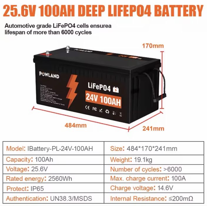 Powland 24v 100Ah Lifepo4 акумулятори