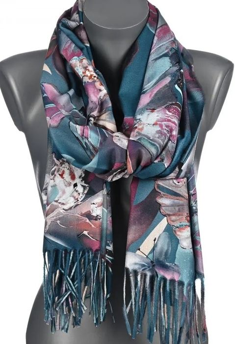 Szalik Damski Jesień Zima Motyle Na Prezent Z Frędzlami Rc3-2 Turkus