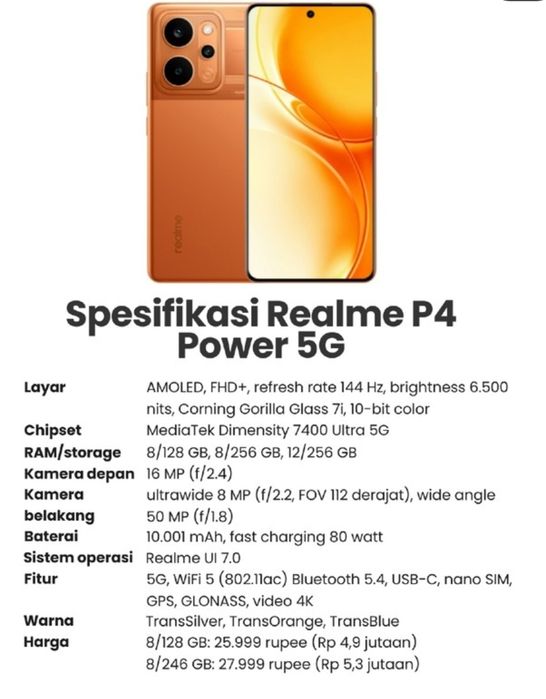 Smartphone Realme  P4 Power Bat 10001 mAh, Realme  whatch 5, Realme buds  T200 lite