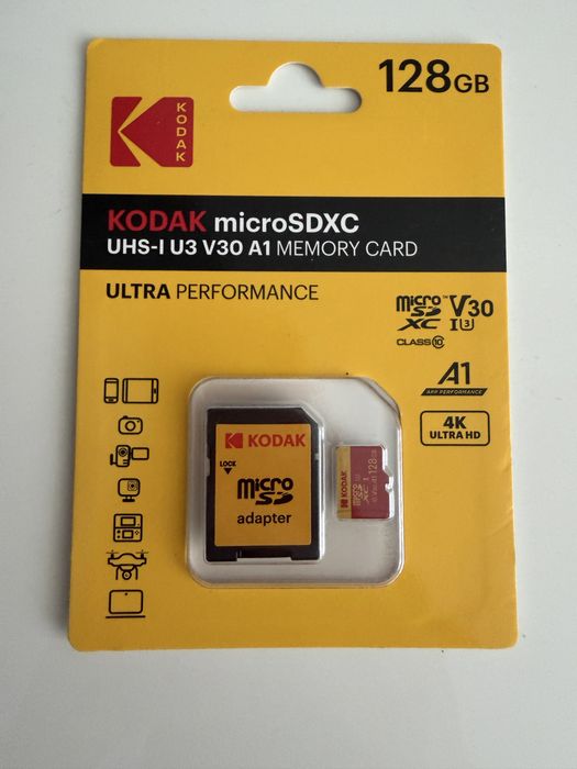 Карта пам'яті Kodak 128/256/64GB  microSD U3 V30 A1 4K + адаптер