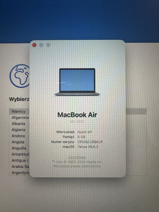 Macbook Air M1 8GB ram, 256gb dysk. Bat 95%