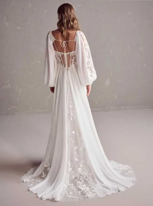 Suknia ślubna boho ivory gorset koronkowe wstawki bufiaste rękawy 34, 36, 38, 40, 42, 44,46, 48