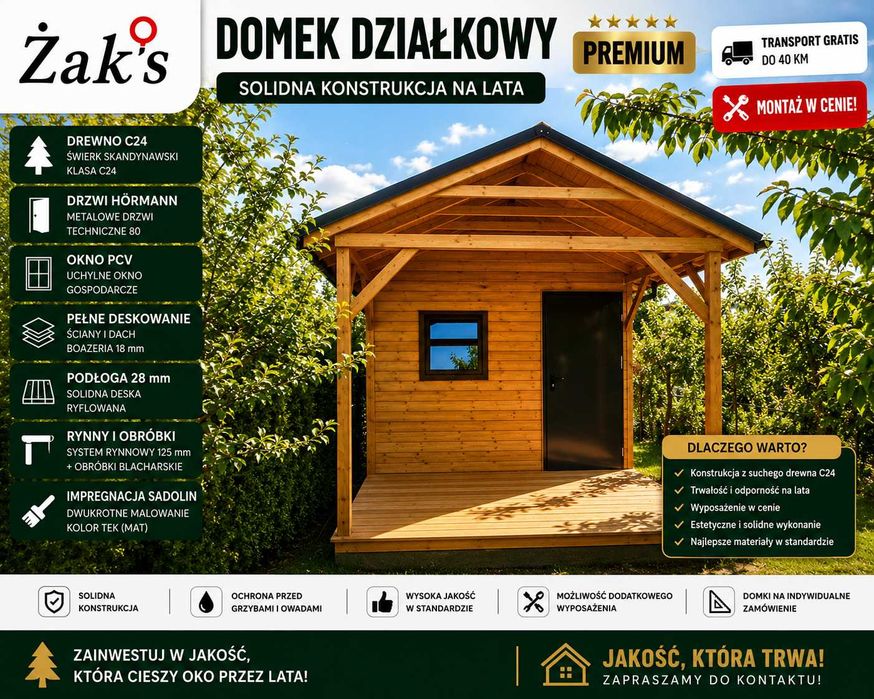 Domek działkowy ROD Domek letniskowy ogrodowy PREMIUM C24 | Montaż | Gont | Drzwi Hörmann