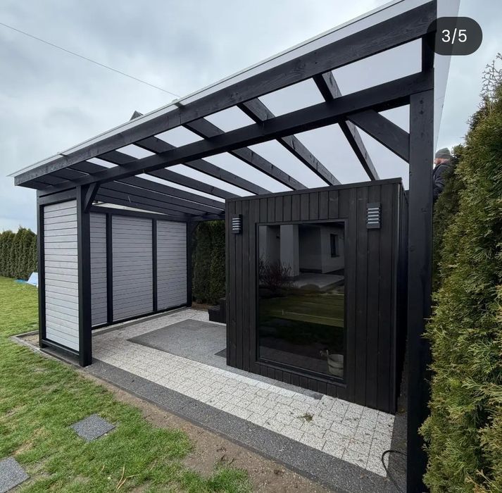 Zadaszenie tarasu z drewna • pergola • poliwęglan • blachodachówka