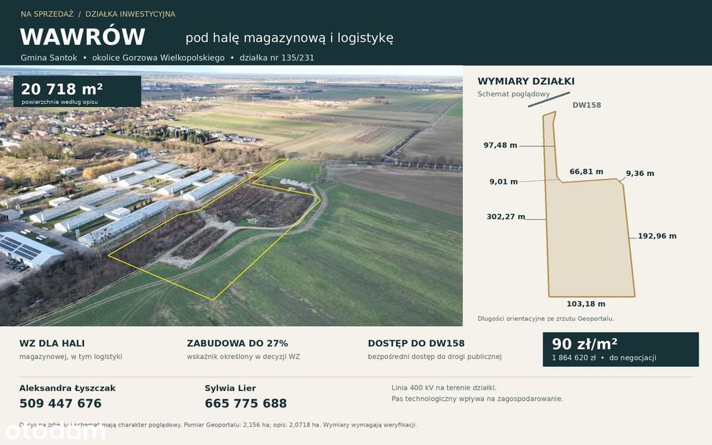 Wawrów /20 718 m2/ WZ na halę magazynową /dostęp do DW 158