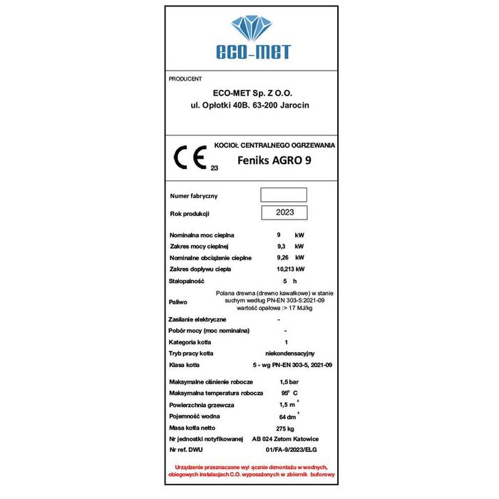 Kocioł do spalania drewna Feniks AGRO 20kW ECODESIGN 5 Klasa Lista ZUM