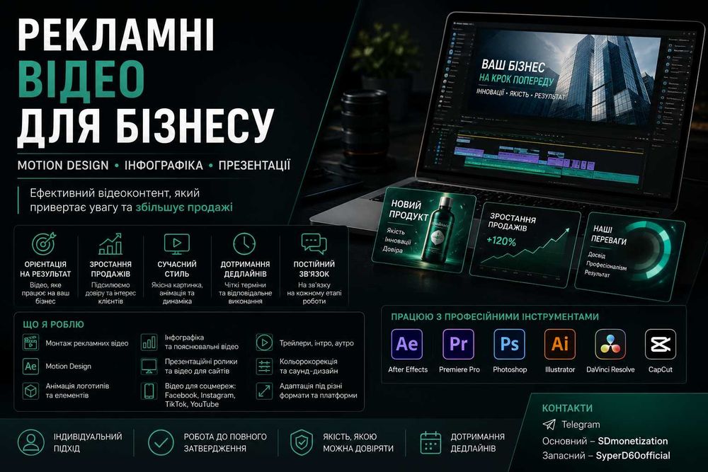 Монтаж рекламних відео для бізнесу | Motion Design | Інфографіка