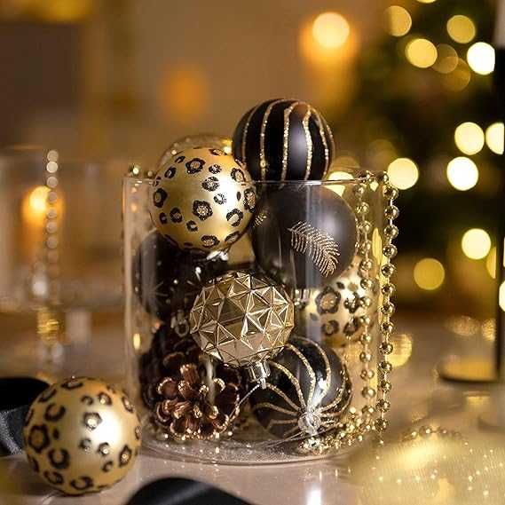 Bombki choinkowe Czarno Złote Nietłukące Glamour Ozdoby 16 szt