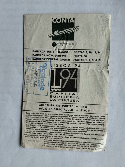 Bilhete concerto dos Pink Floyd Portugal 1994