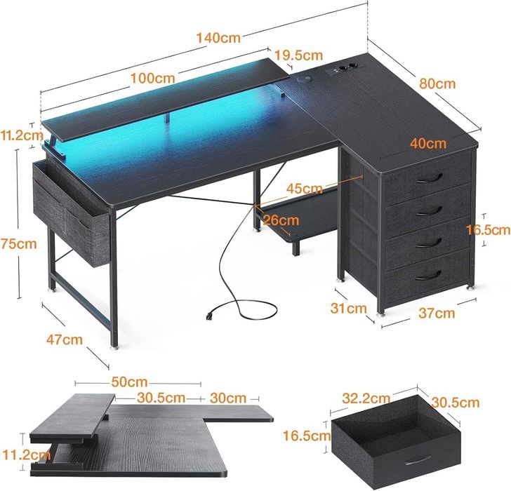 Mesa de gaming secretária preta com LED vários acessórios [2 tamanhos]