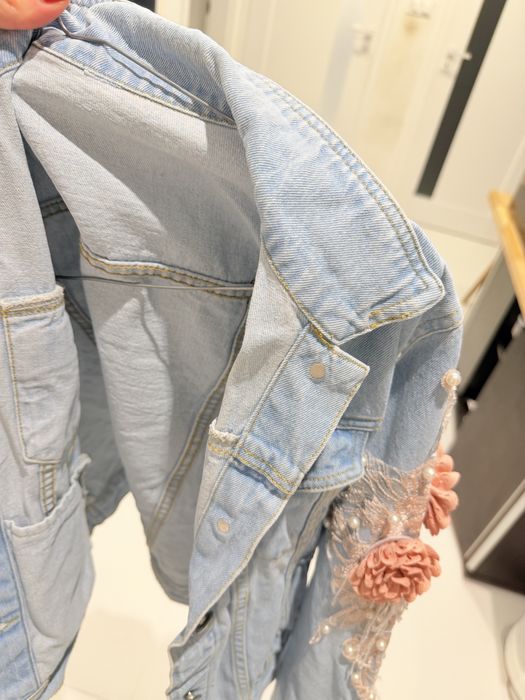 Elegancka katana kurtka jeansowa M38 kwiaty koraliki ślub wesele