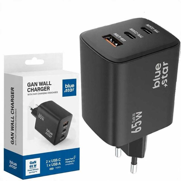 Ładowarka GAN firmy BLUE STAR 65W 2x USB C 1x USB A Quick charge 4.0