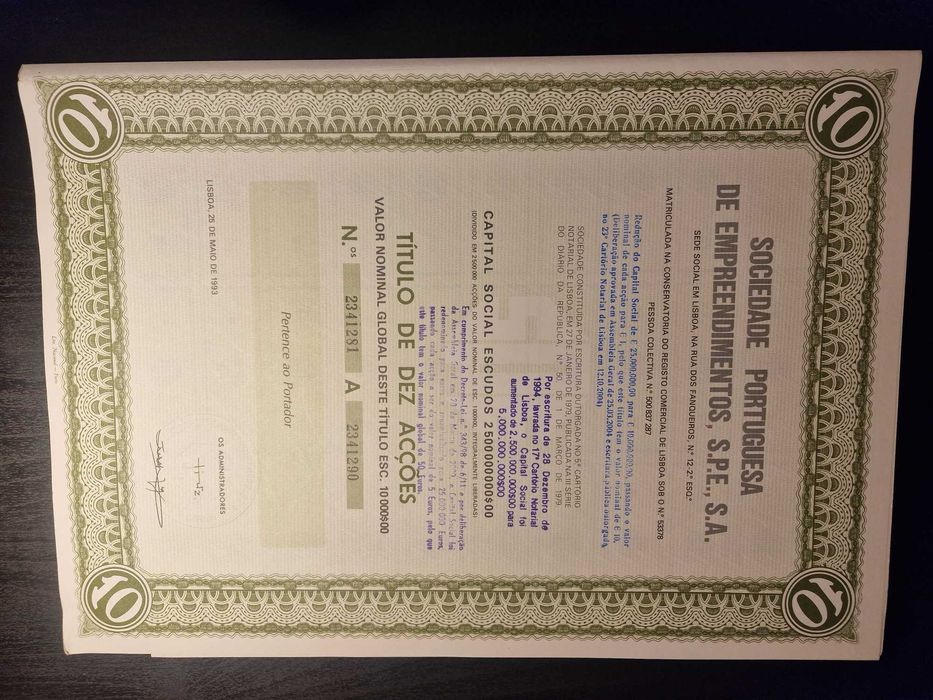 Títulos de Ações - Sociedade Portuguesa de Empreendimentos SPE, SA