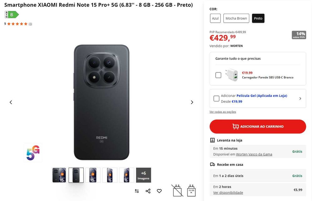 Xiaomi Redmi Note 15 Pro+ 5G – 256 GB / 8 GB RAM – Preto | Novo, caixa selada | 408,49€ - 5% DESCONTO