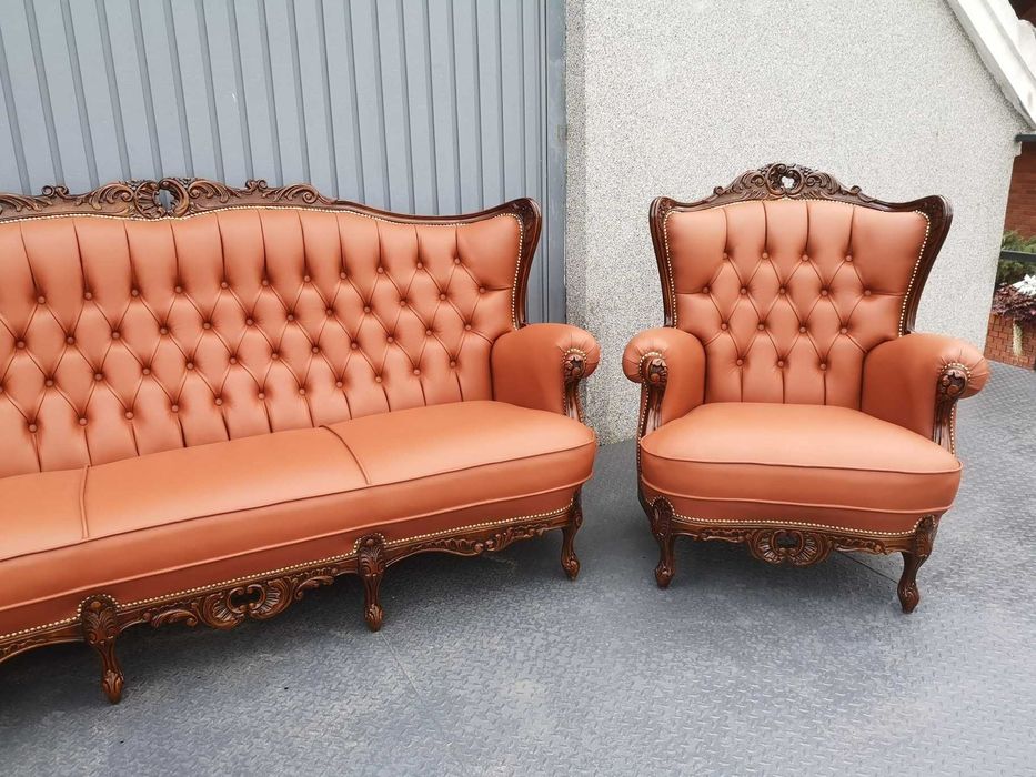 Cudowny komplet po renowacji! Koniakowa skóra! Sofa i dwa fotele!