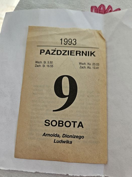 Kartka z kalendarza z 1993 roku 9 październik
