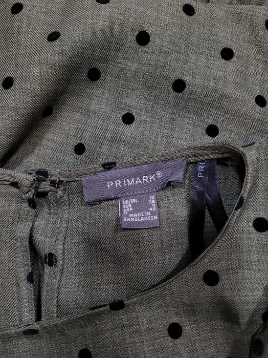 Nowa sukienka khaki 38,M Primark wzór kropki groszki falbany bufki
