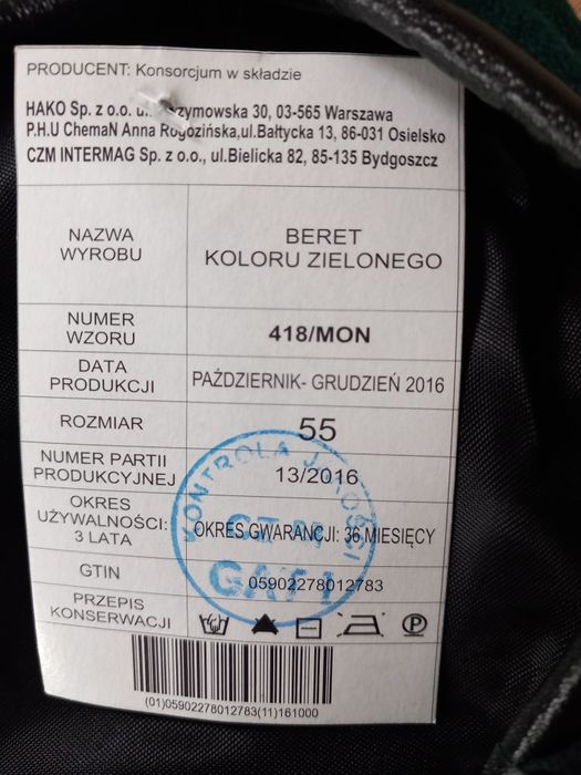 Beret wojskowy 418/MON nowy roz. 55